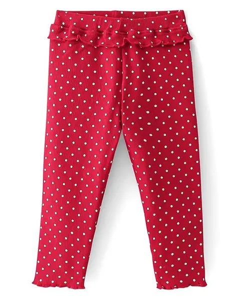 Babyhug Cotton Lycra Full Length Leggings With Polka Dot Print & Frill Detailing - Pink