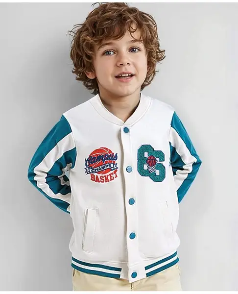 Babyhug Cotton Knit Full Sleeves  Bomber Jacket with Text Embroidery - White & Teal Blue