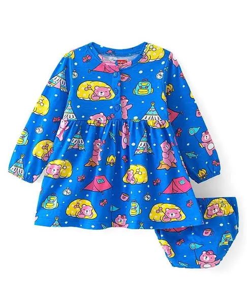 Babyhug Single Jersey Full Sleeves Frock with Bloomer Bear Print - Blue