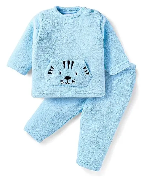 Babyhug Woven Full Sleeves Fur Winter Wear T-Shirt & Joggers Set with Bear Embroidery & Kangaroo Pockets -Light Blue