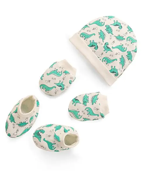 Doodle Poodle Interlock Cotton Knit Cap Mittens & Booties Set with Dino Print -White