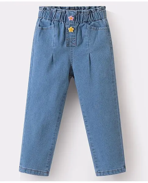 Kookie Kids Full Length Solid Denim Jeans with Floral Applique - Blue