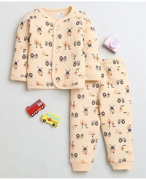 Bumzee Full Sleeves Wind Mill & Tractor Printed Winter Wear Set - Light Orange