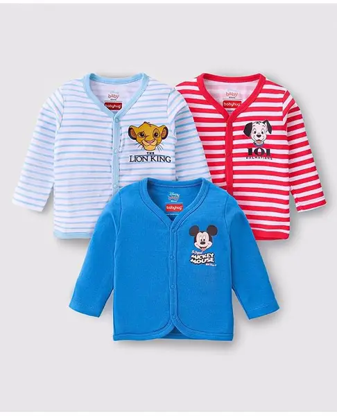 Babyhug Disney Interlock Cotton Knit Full Sleeves Front Open Jhablas with Mickey Mouse 101 Dalmatians and Lion King Graphics Pack of 3 - Red & Blue