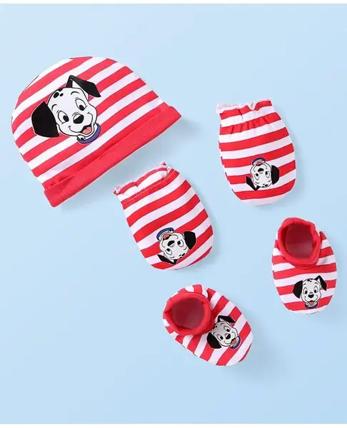 Babyhug Disney Interlock Knit Cap Mittens & Booties With 101 Dalmatians Graphics -Red