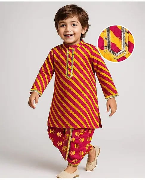 Babyhug Cotton Woven Full Sleeves Cambric Dhoti Kurta Set Leheriya Print - Orange & Yellow