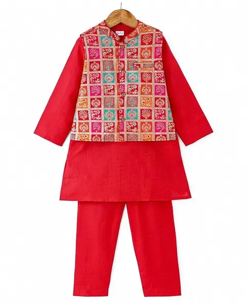 Babyhug Cotton Woven Full Sleeves Solid Kurta Pyjama Set with Sequin Embroidered Jacket - Red