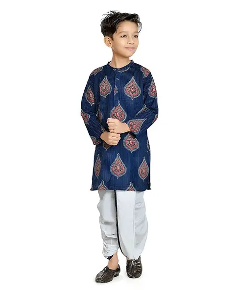 Teentaare Cotton Woven Full Sleeves Kurta & Dhoti Set With Print - Navy Blue