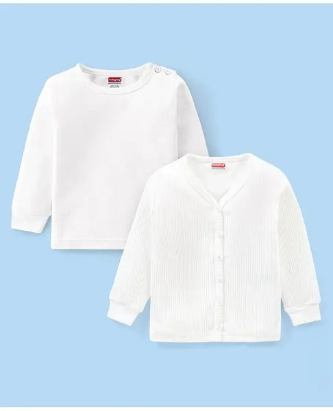 Babyhug Full Sleeves Solid Color Front Open Thermal Vest & Pullover Combo Set - White
