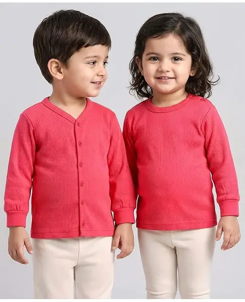 Babyhug Knit Full Sleeves Solid Colour Front Open & Pullover Thermal Vest  - Dark Pink