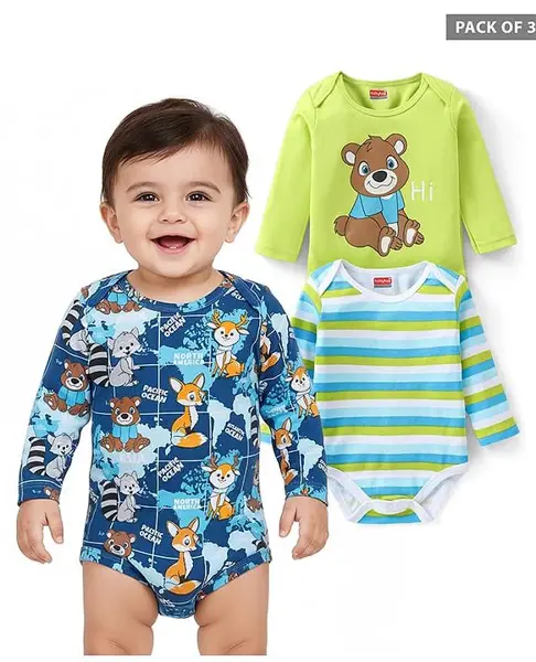 Babyhug 100% Cotton Knit Full Sleeves Onesies Bear Print Pack of 3- Navy & Green