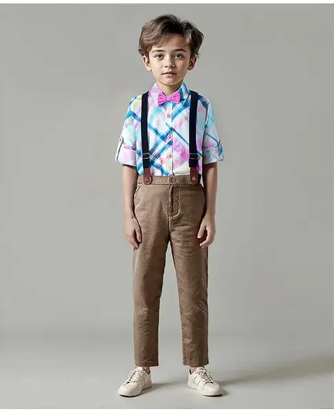 Ollington St. 100% Cotton Knit Full Sleeves Checkered Party Collared Shirt & Twill Jogger Set with Bow & Suspender - White Tan & Pink