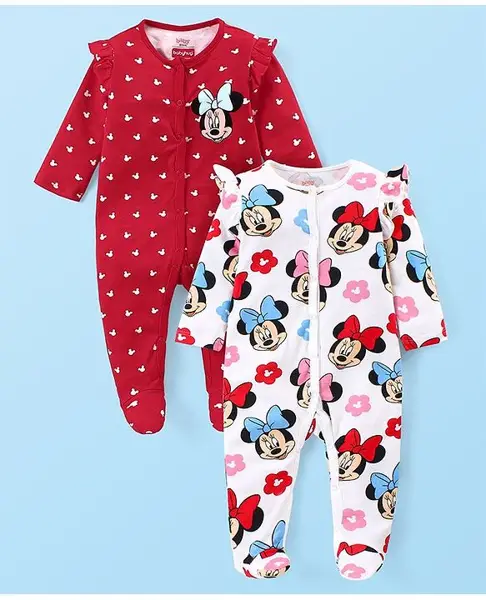 Babyhug Disney Single Jersey Full Sleeves Sleep Suit With Minnie Mouse Print Pack of 2 - Red & White