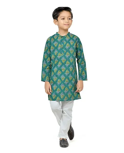Teentaare Cotton Silk Woven Full Sleeves Kurta Pyjama Set with Floral Print - Teal Blue