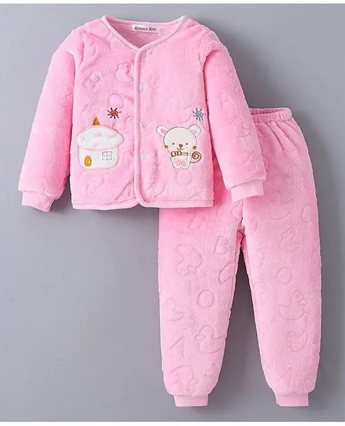 Kookie Kids Full Sleeves Winter Night Suit With Bear Embroidery - Pink