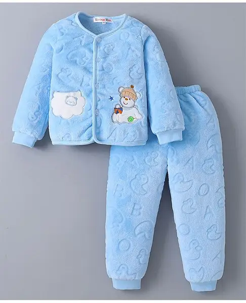 Kookie Kids Full Sleeves Front Open Winter Wear T-Shirt & Lounge Pant Set with Bear Patch - Light Blue