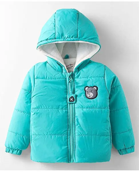 Kookie Kids Full Sleeves Padded Hooded Winter Jacket with Bear Graphics & Pocket Detailing -Turquoise