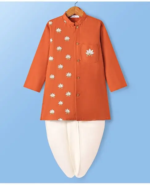 Babyoye Cotton Woven Full Sleeves Kurta Dhoti Set With Floral Embroidery - Rust Orange