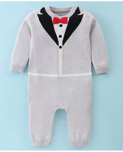 ToffyHouse Cotton Knitted Full Sleeves Winter Wear Designed Romper with Bow Applique - Grey