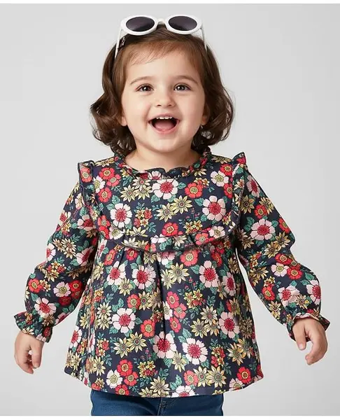 Babyhug Rayon Woven Full Sleeves Top with Floral Print & Frill Detailing - Black & Red