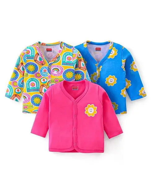 Babyhug 100% Cotton Knit Full Sleeves Front Open Jhablas with Floral & Stamp Print Pack of 3 - Red & Blue
