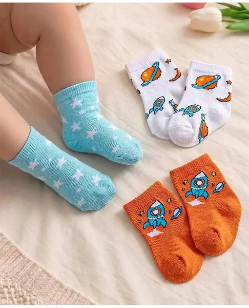 Cute Walk by Babyhug Knit Ankle Length Socks With Space Theme Design Pack of 3 - Orange White & Light Blue