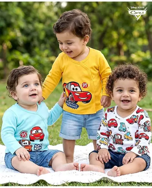 Babyhug Disney Interlock Knit Full Sleeves Jhablas with Cars Graphics Pack of 3 - Blue Yellow & White