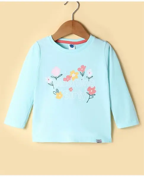 Teddy Sinker Knit Full Sleeves T-Shirt with Floral Print - Aqua Blue