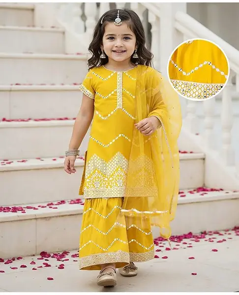 Babyhug Georgette Woven Half Sleeves Embroidered Kurti Gharara Co-Ord Set with Dupatta - Yellow