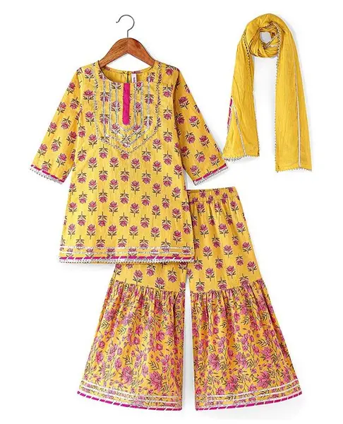 Babyhug Woven Three Fourth Sleeves Floral Cambric Printed Kurti Gharara & Dupatta Set - Yellow