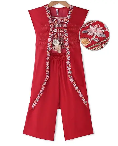 Babyhug Woven Sleeveless Top & Palazzo Set with Jacket Floral Embroidery - Red