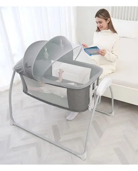 R for Rabbit Lullabies Smart Electric Cradle with Automatic Swing  4 in 1 Convertible Cot Bassinet  Playpen  Remote Control  Bluetooth  Timer  Soothing Music for Baby 0-2 Year (Grey)