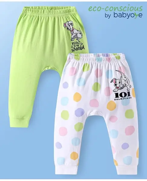Babyoye Disney Interlock Knit Full Length Diaper Leggings with 101 Dalmatians Graphic Pack of 2 - Neon Green  & White