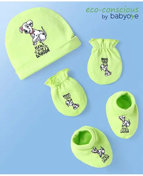 Babyoye Disney Boys Caps Mittens & Booties Set with 101 Dalmatians Graphic Neon Green- Diameter 10 cm