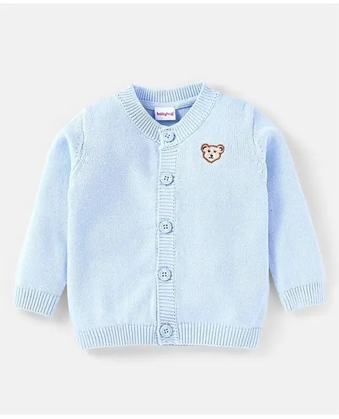 Babyhug Cotton Knit Full Sleeves Front Open Sweater with Bear Embroidery - Light Blue