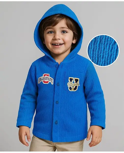 Babyhug Cotton Knit Full Sleeves Hooded Shirt with Text Embroidery - Blue