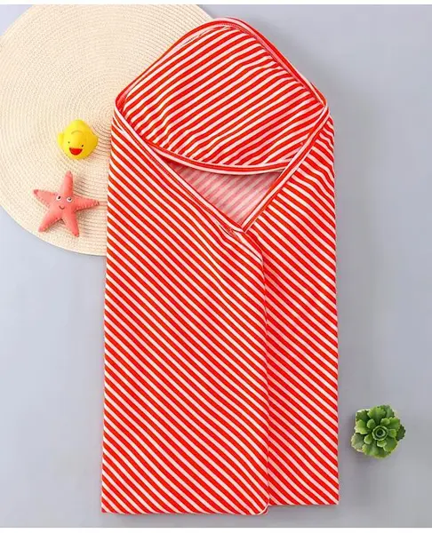 Babyhug Cotton Knit Hooded Wrapper with Stripes L 76 x B 76 cm - Red