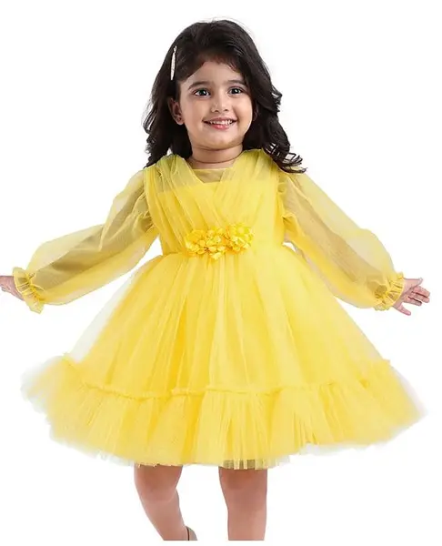 Babyhug Woven Full Sleeves Party Dress With Floral Corsage - Yellow
