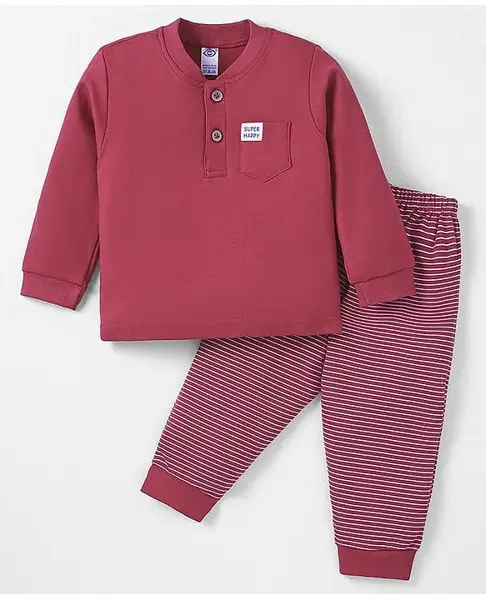 Zero Interlock Knit Full Sleeves T-Shirt & Lounge Pants Set With Text Patch - Dark Red