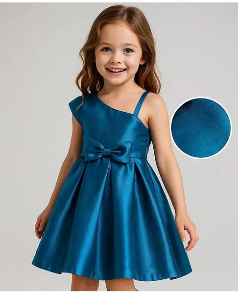 Babyhug Woven One Shoulder Sleeves Solid Colour Pleated Party Frock with Bow Applique  - Navy Blue