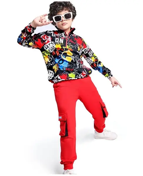 Ollington St. 100% Cotton Knit Full Sleeves Sweatshirt & Jogger Winter Wear Set With Text Print - Black & Red