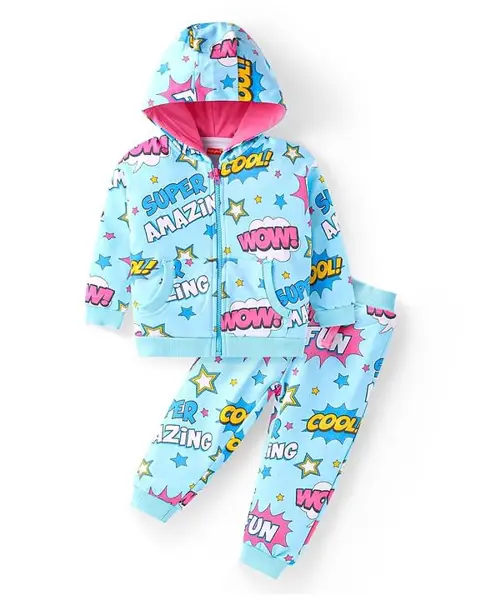 Babyhug Terry Knit Full Sleeves Text Printed  Hooded Sweatjacket & Joggers Set with Kangaroo Pockets - Light Blue