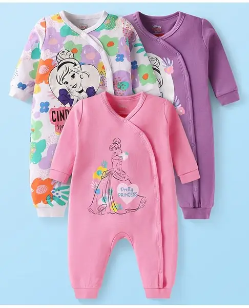Babyhug Disney Interlock Knit Full Sleeves Front Open Disney Princess Printed Rompers Pack of 3 - White Purple & Pink