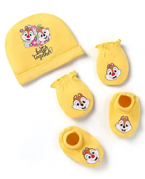 Babyhug Disney Interlock Knit Cap Mittens & Booties With Chip n Dale Graphics Yellow - Diameter 11.5 cm