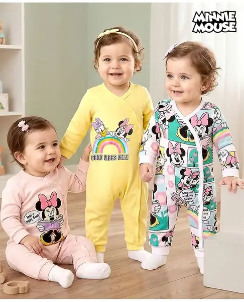 Babyhug Disney Interlock Knit Full Sleeves Front Open Minnie Mouse Printed Rompers Pack of 3 - White Pink & Yellow