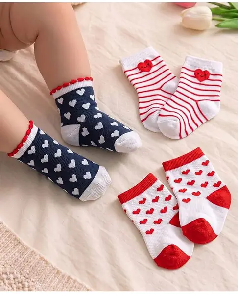 Cute Walk by Babyhug Knit Ankle Length Socks With Heart Design Pack of 3 - Black White & Red