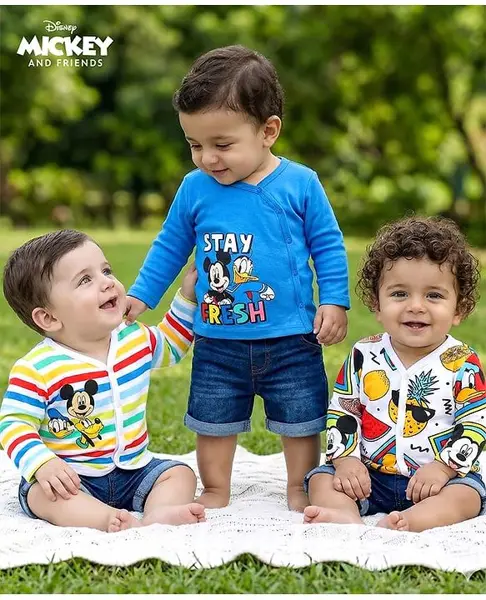Babyhug Disney Interlock Knit Full Sleeves Front Open Jhablas With Mickey Mouse Graphics Pack Of 3 - Blue & White