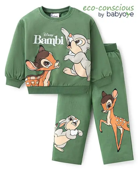 Babyoye Disney Single Jersey Knit Full Sleeves T-Shirt & Lounge Pant Set With Bambi Graphics - GReen