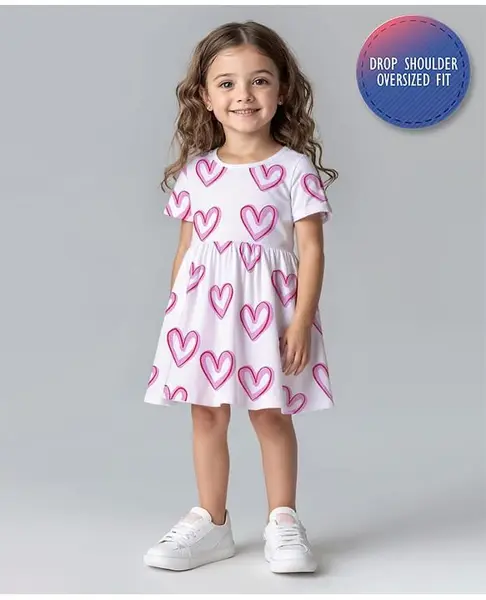 Bonfino Cotton Knit Half Drop Shoulder Sleeves Dress With Heart Print - White