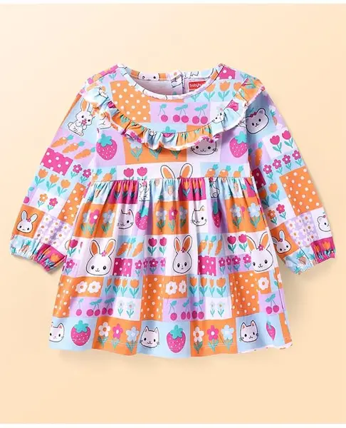 Babyhug Cotton Knit Full Sleeves Frock with Frill Detailaing & Animal Floral Print - Orange Pink